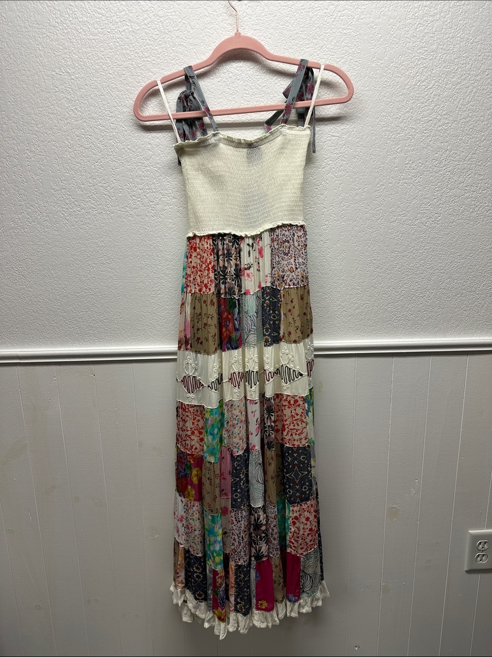 K159 Young Threads Sz S Smocked Bodice Patchwork Maxi Dress Pockets Lined NWT - Picture 6 of 16